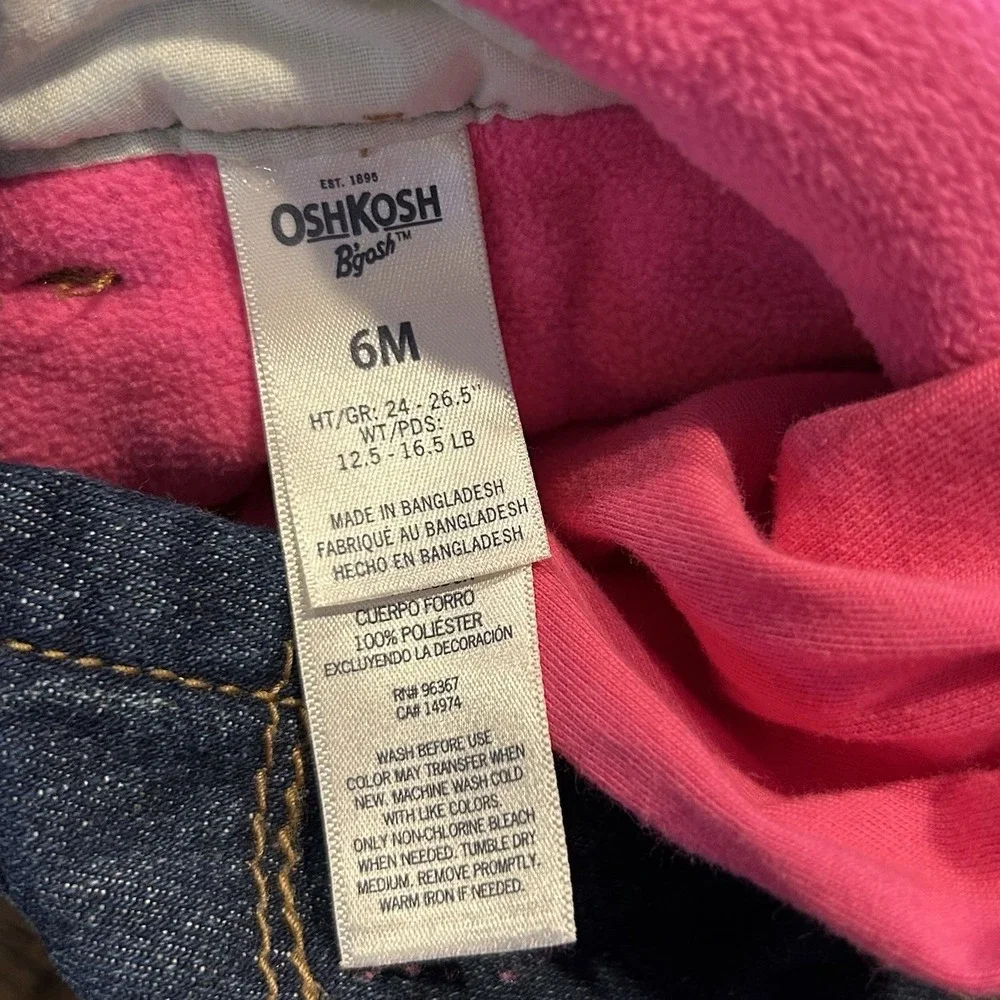 Oshkosh Girls 6 Months Blue Denim‎ Overalls Fleece Lined Pink Bibs